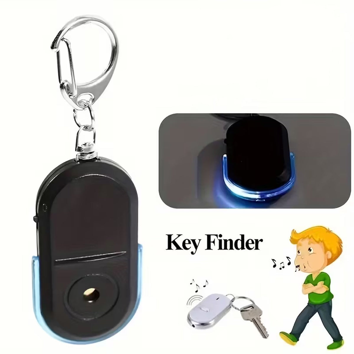 A man whistles, with musical notes and sound waves indicating a warning sound and light from the black and blue keychain.