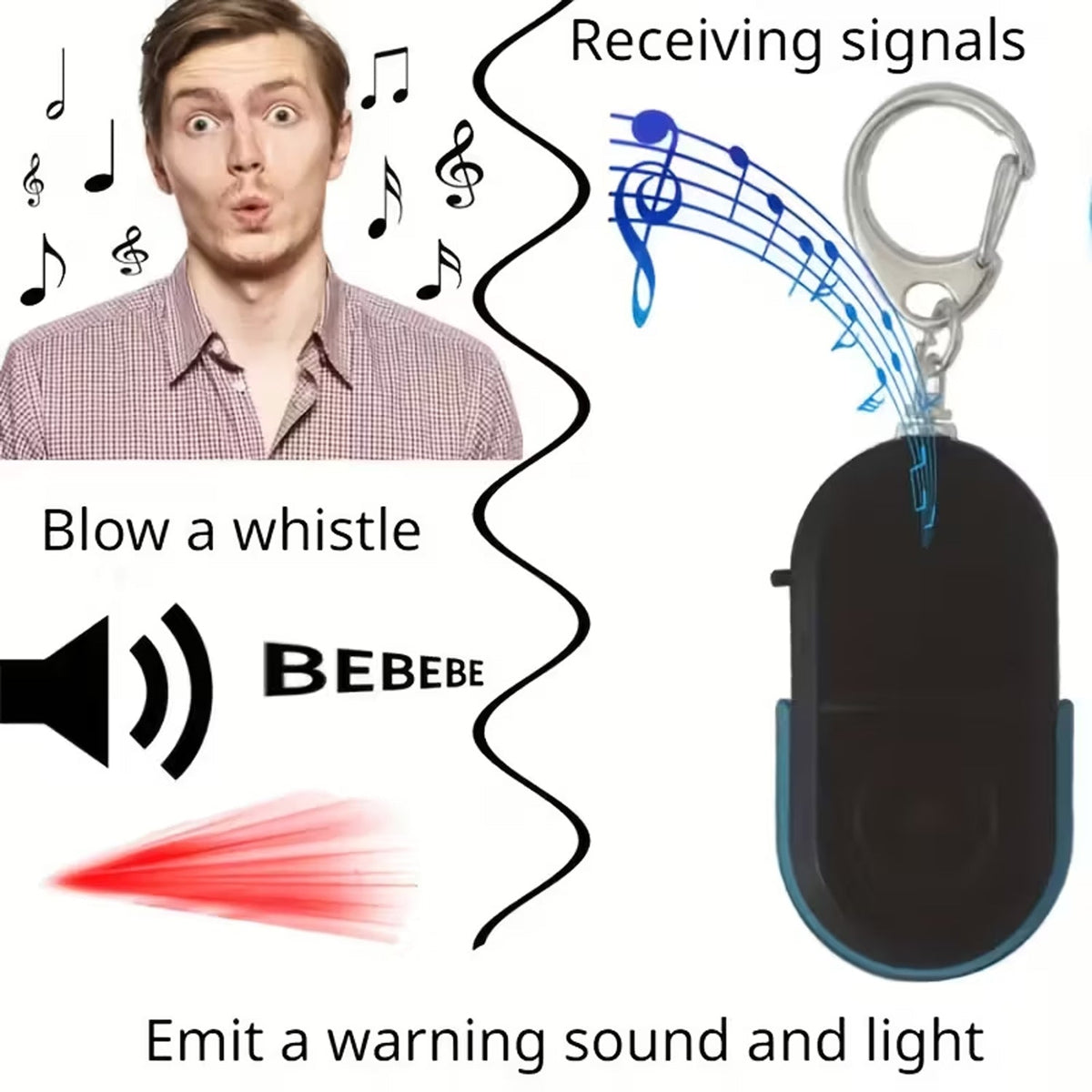 A person with a grey backpack has a black and blue personal safety alarm keychain clipped to the strap.