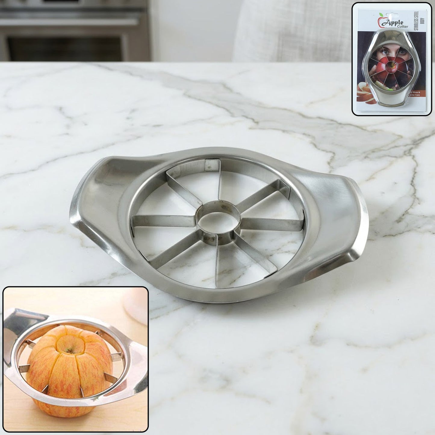 Stainless steel apple cutter with ergonomic handles for easy slicing