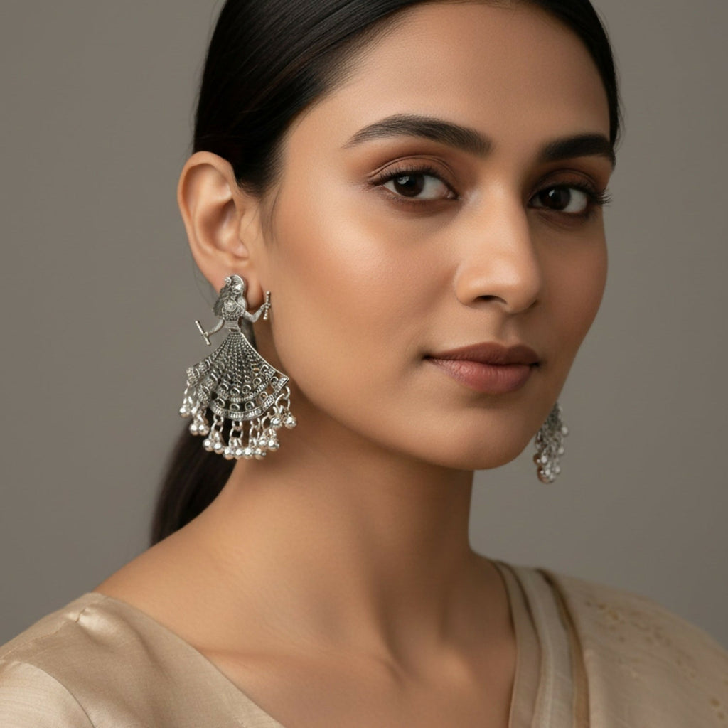 Oxidised Silver Dancing Doll Jhumka Earings
