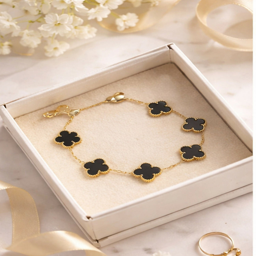 Gold Plated Black Clover Charm Bracelet for Women & Girls – Elegant Designer Chain Bracelet