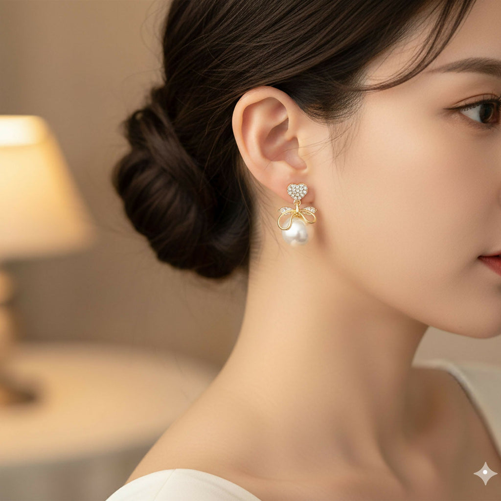 Romantic Heart Crystal & Pearl Bow Earrings – 14K Gold Plated Drop Earrings for Women