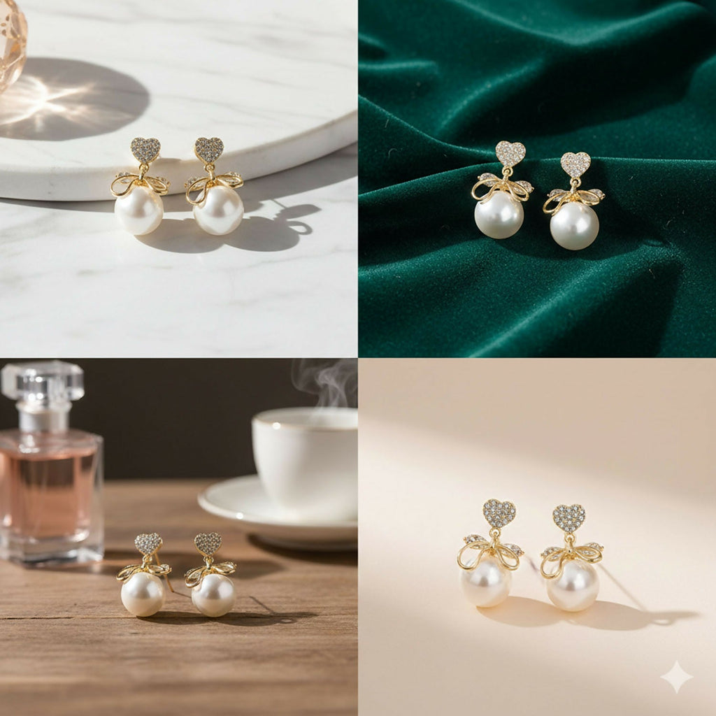 Romantic Heart Crystal & Pearl Bow Earrings – 14K Gold Plated Drop Earrings for Women