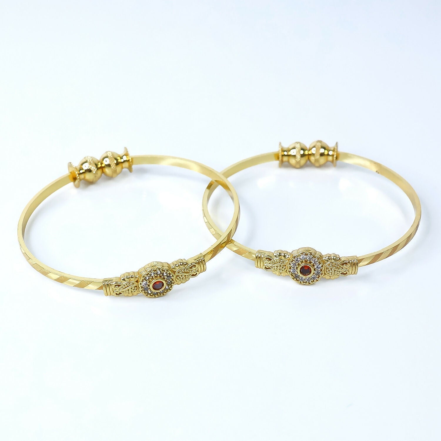 Floral Design Bangles with Stone Center and Beaded Accents
