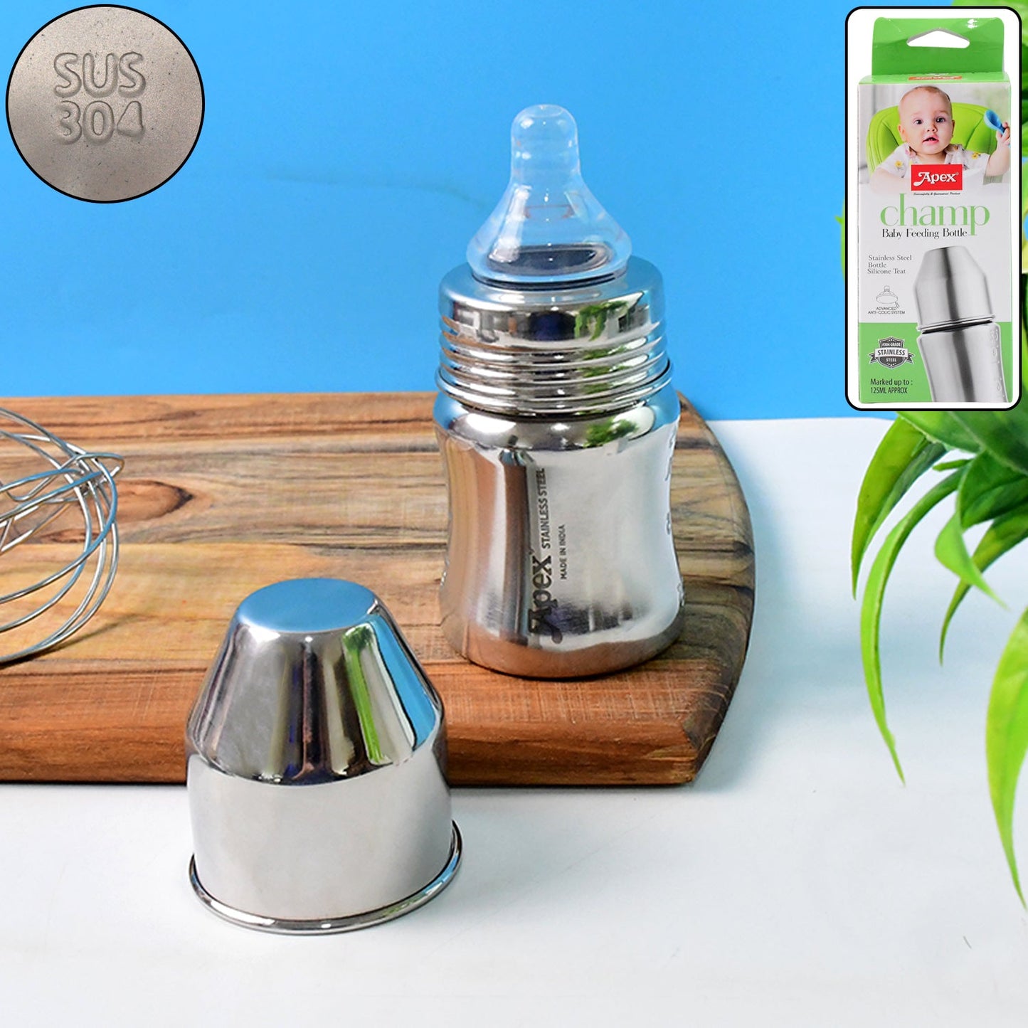 Stainless steel baby feeding bottle with BPA-free nipple, capacity 125 ML