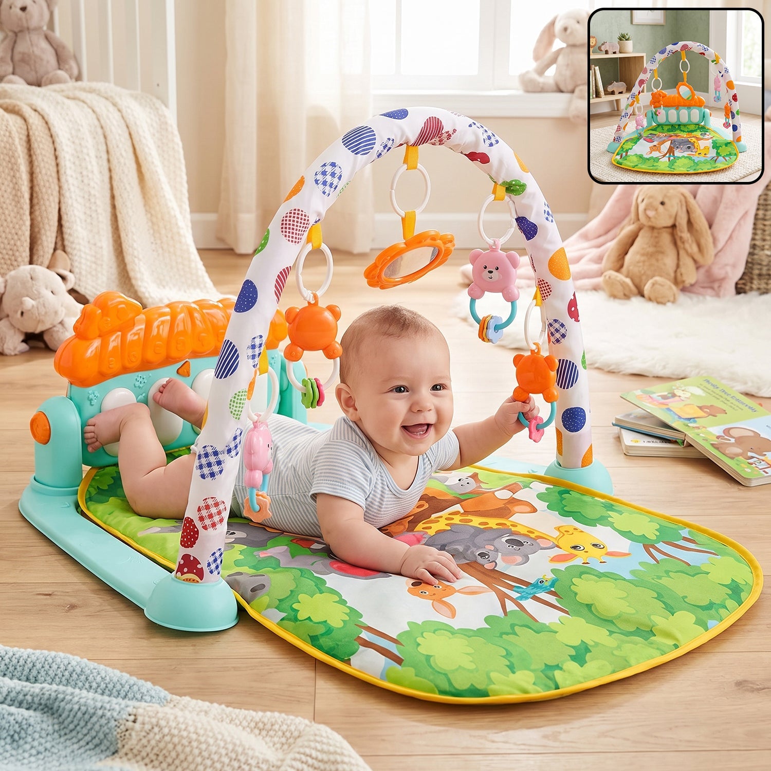 A smiling baby lies on their back on a colorful play mat with an arch of hanging toys and a piano at their feet.