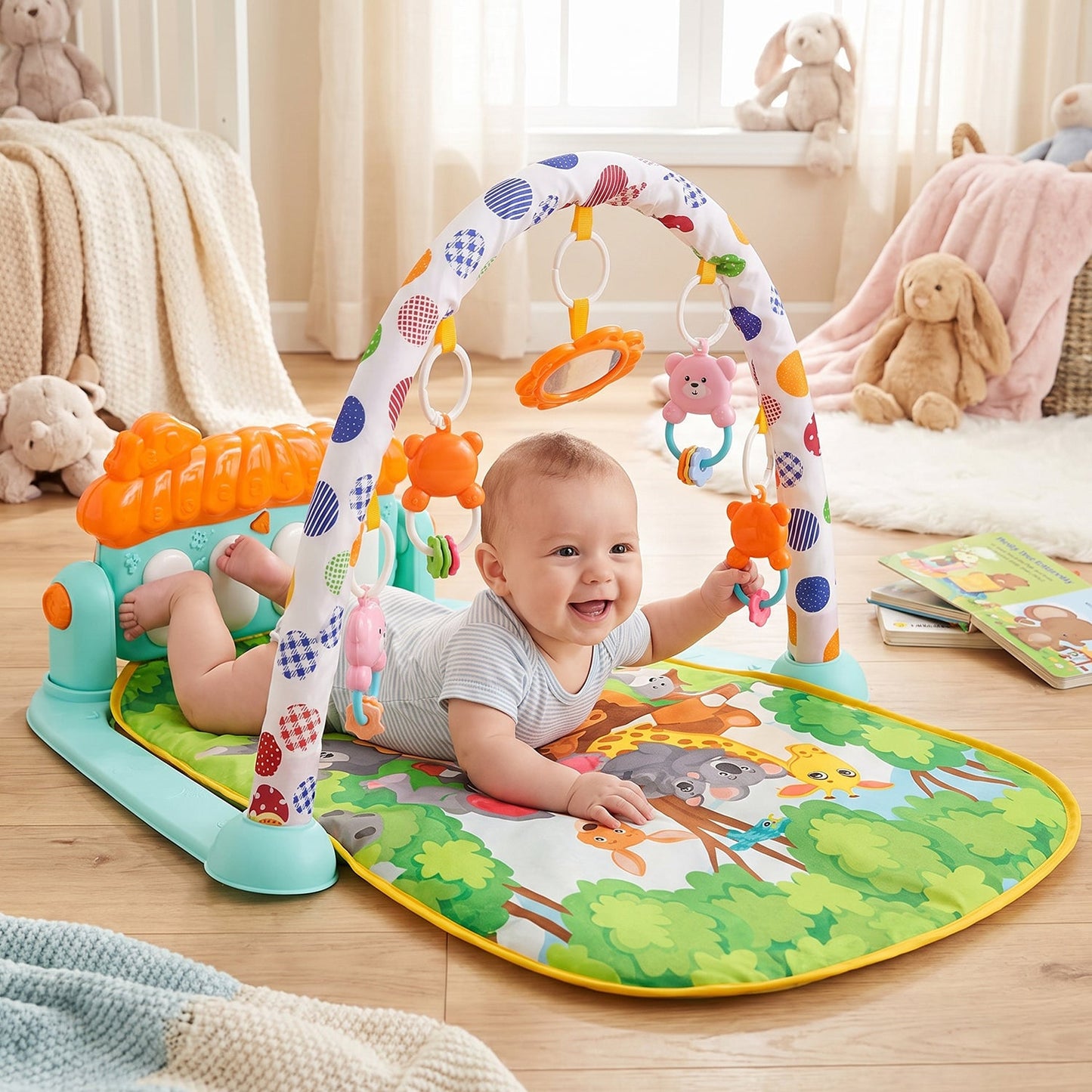 A happy baby on a green play mat with an arch of hanging toys, reaching for a toy, with a window and stuffed animals in the