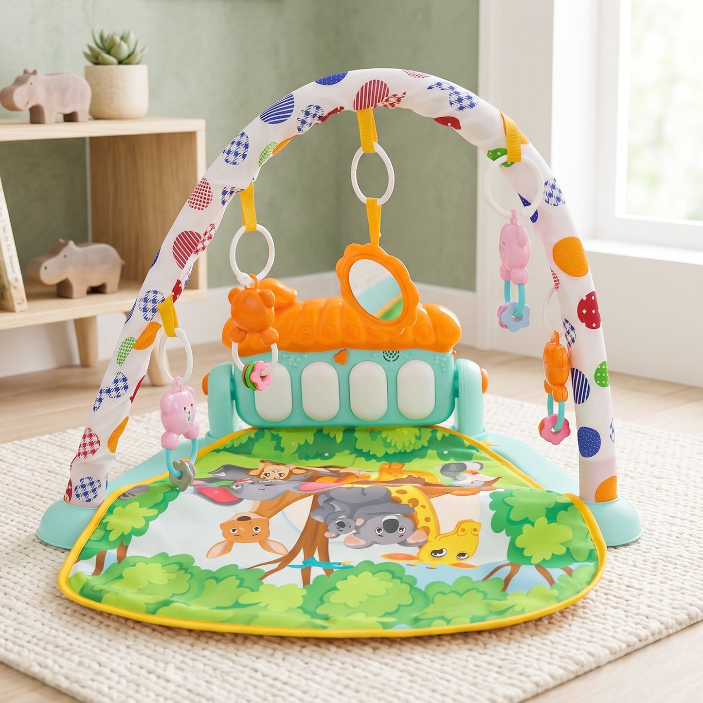 The Baby Piano Gym Activity Play Mat is shown with a colorful arch, hanging toys, and a piano at the end of the mat.