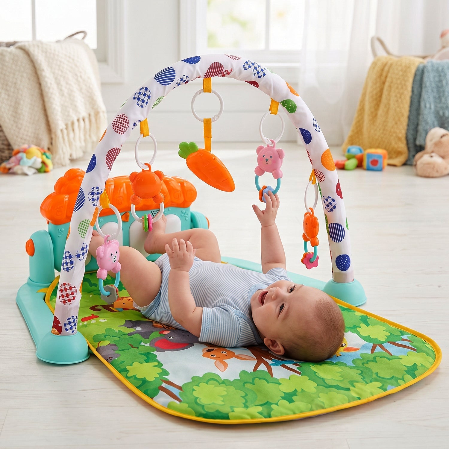 A baby lies on their back on a green play mat, reaching up to grab a hanging toy from the colorful arch above.