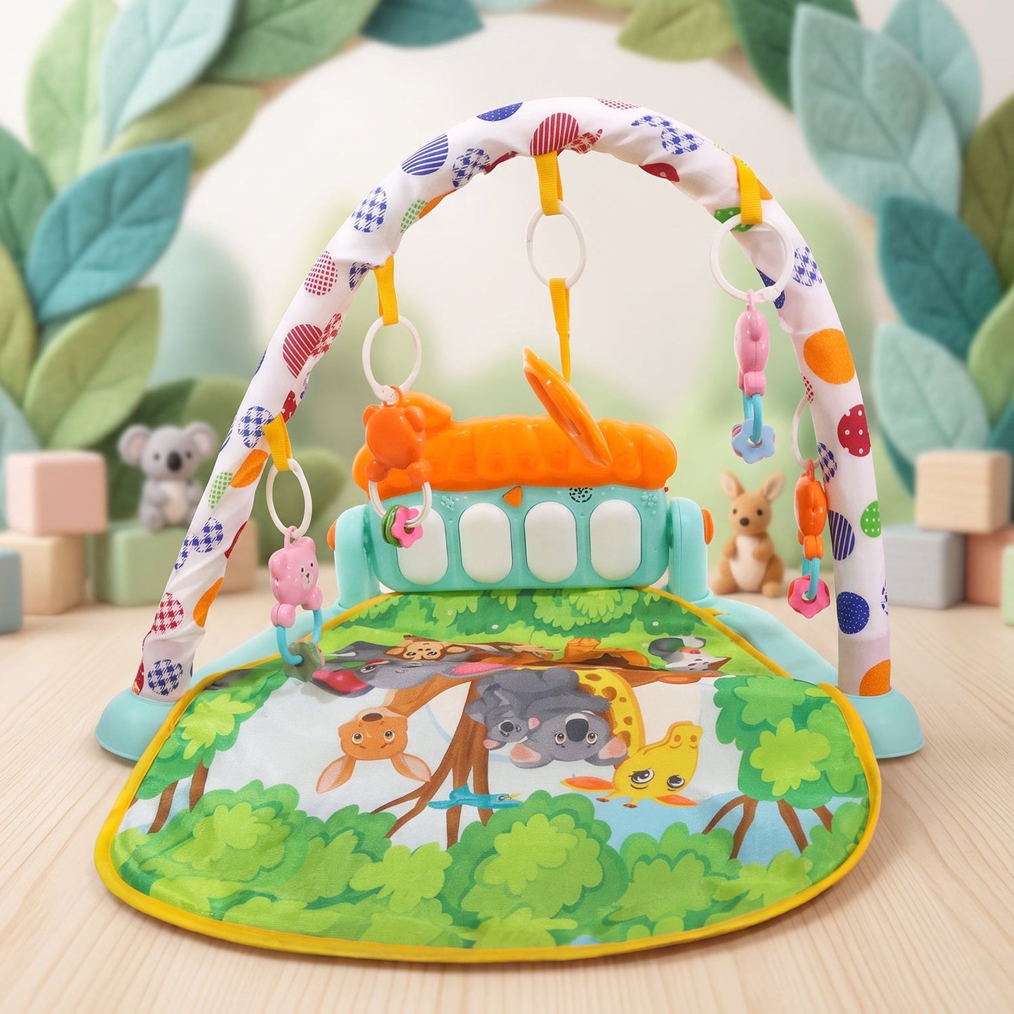 The Baby Piano Gym Activity Play Mat is set up with a green jungle-themed mat, a colorful arch, and a piano, surrounded by