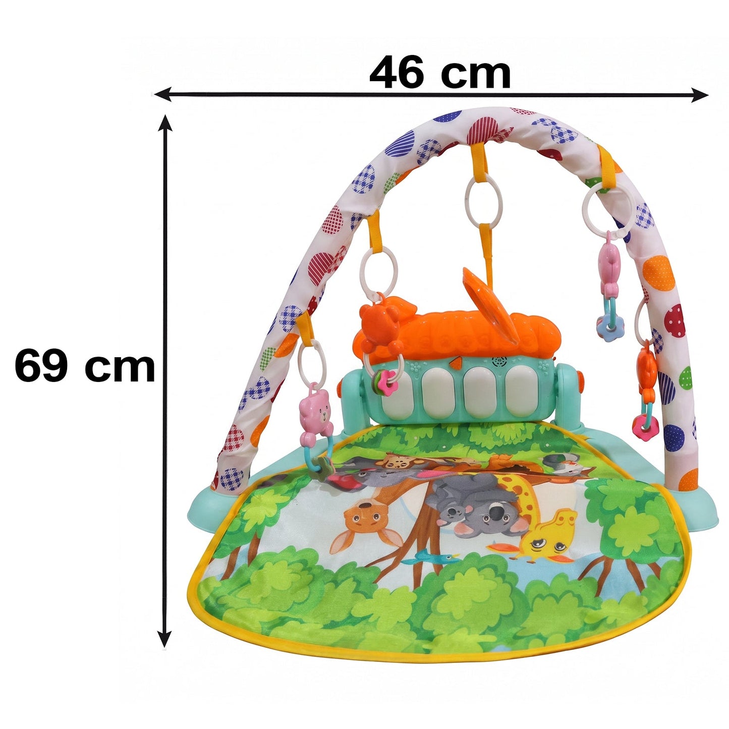 The Baby Piano Gym Activity Play Mat with a white arch and colorful polka dots, hanging toys, and a piano, showing
