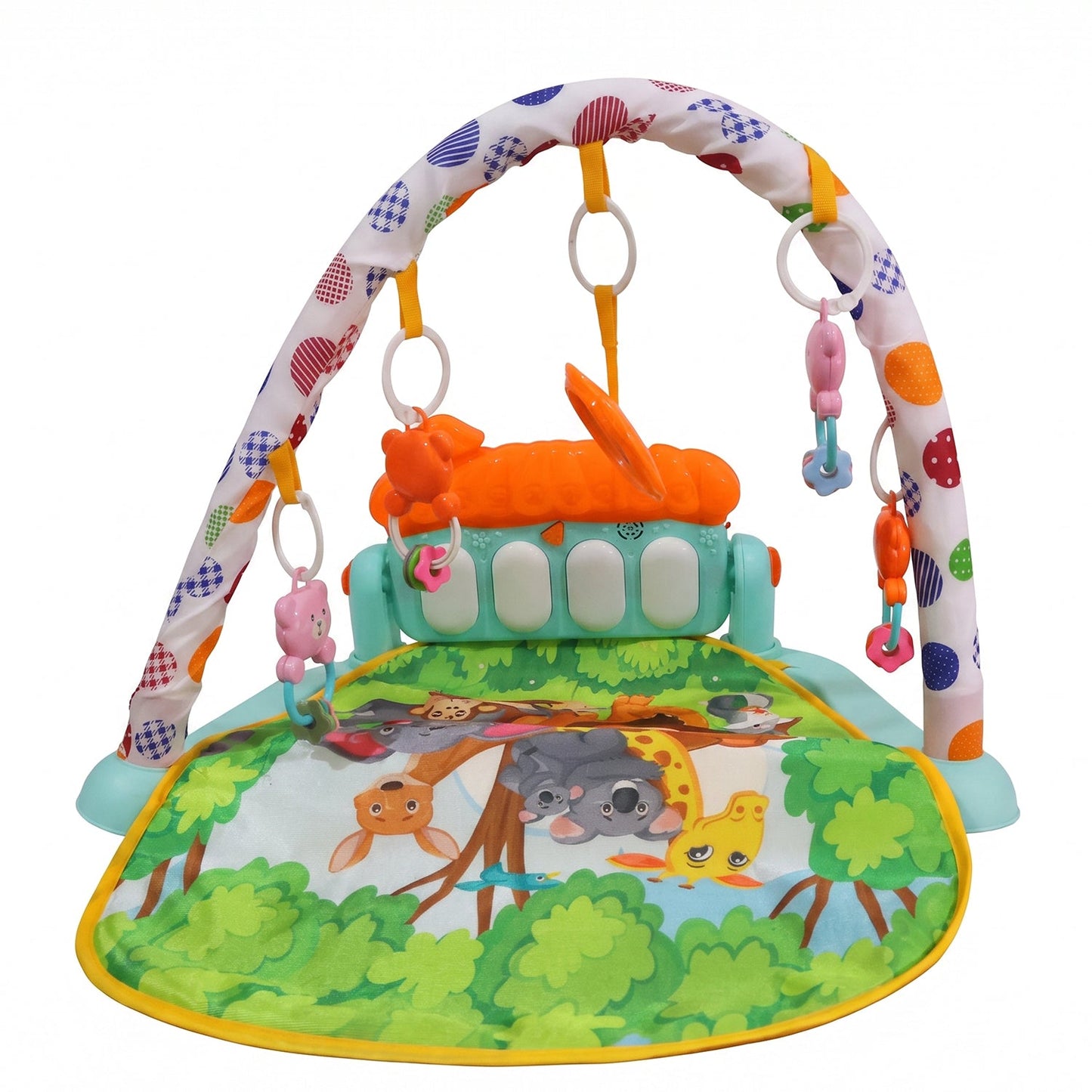 The Baby Piano Gym Activity Play Mat features a white arch with colorful polka dots, hanging toys, and a piano.