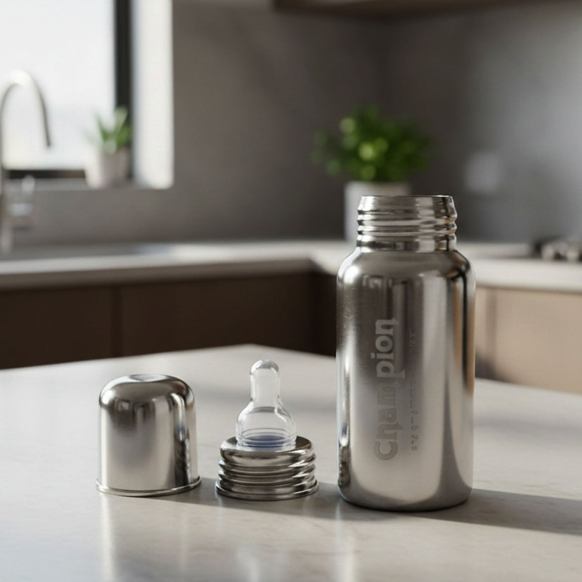 A stainless steel feeding bottle with its cap on is presented with dimension arrows indicating 15 cm height and 5 cm width.