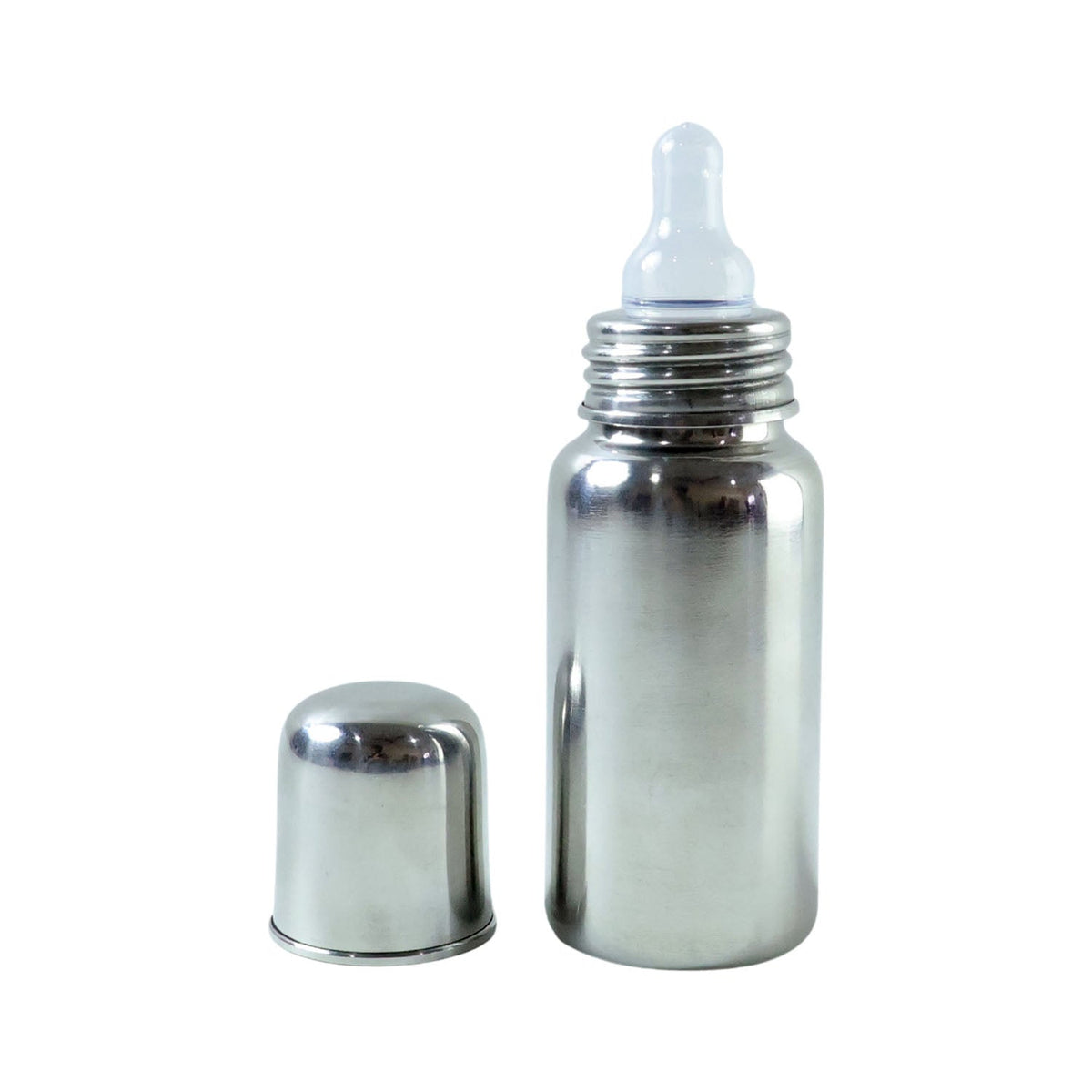 A stainless steel bottle with a blue ring and clear nipple sits on a kitchen counter, with its cap and a plant in the