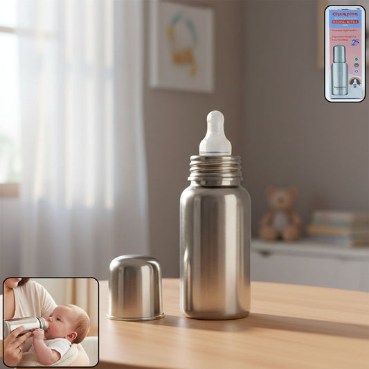 A stainless steel feeding bottle with a white nipple stands on a wooden table, with its metal cap beside it.