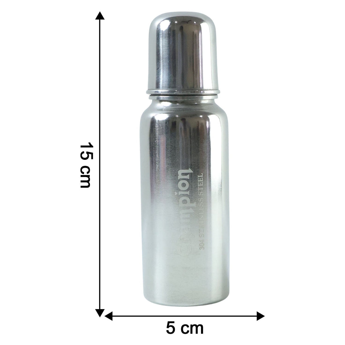 A stainless steel bottle with its cap on is displayed alongside icons for wide mouth, odor-free, BPA-free, and rust-proof