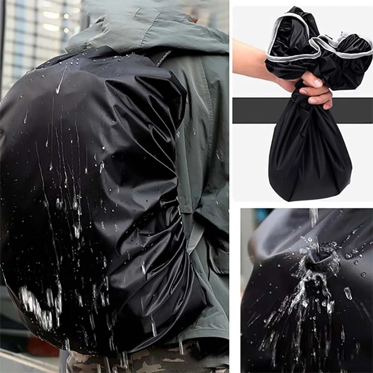 Collage showing water splashing off a black rain cover on a backpack, and the cover being squeezed in a hand.