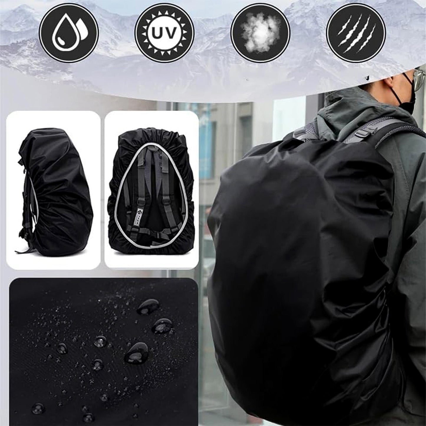 Collage showing a black backpack rain cover from different angles, a close-up of water beading on the fabric, and a person