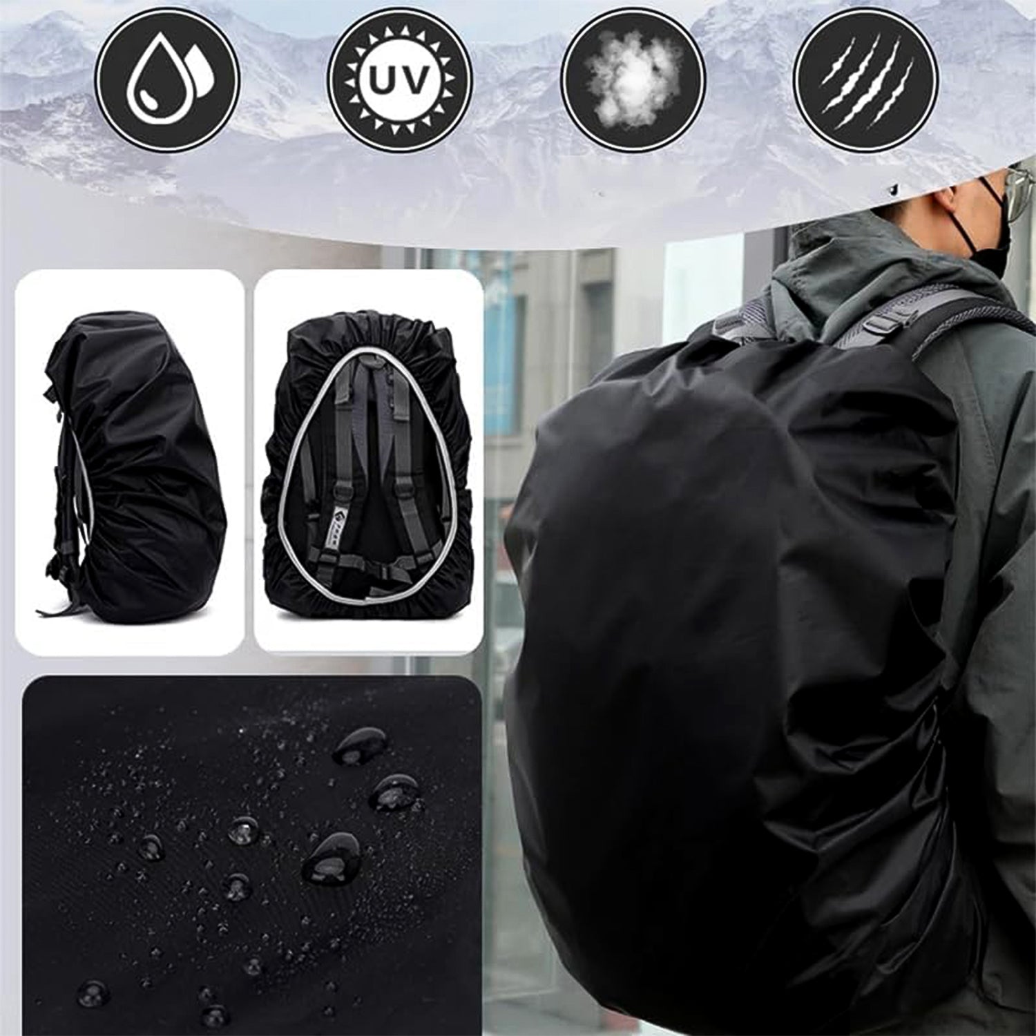 Collage showing a black backpack rain cover from different angles, a close-up of water beading on the fabric, and a person