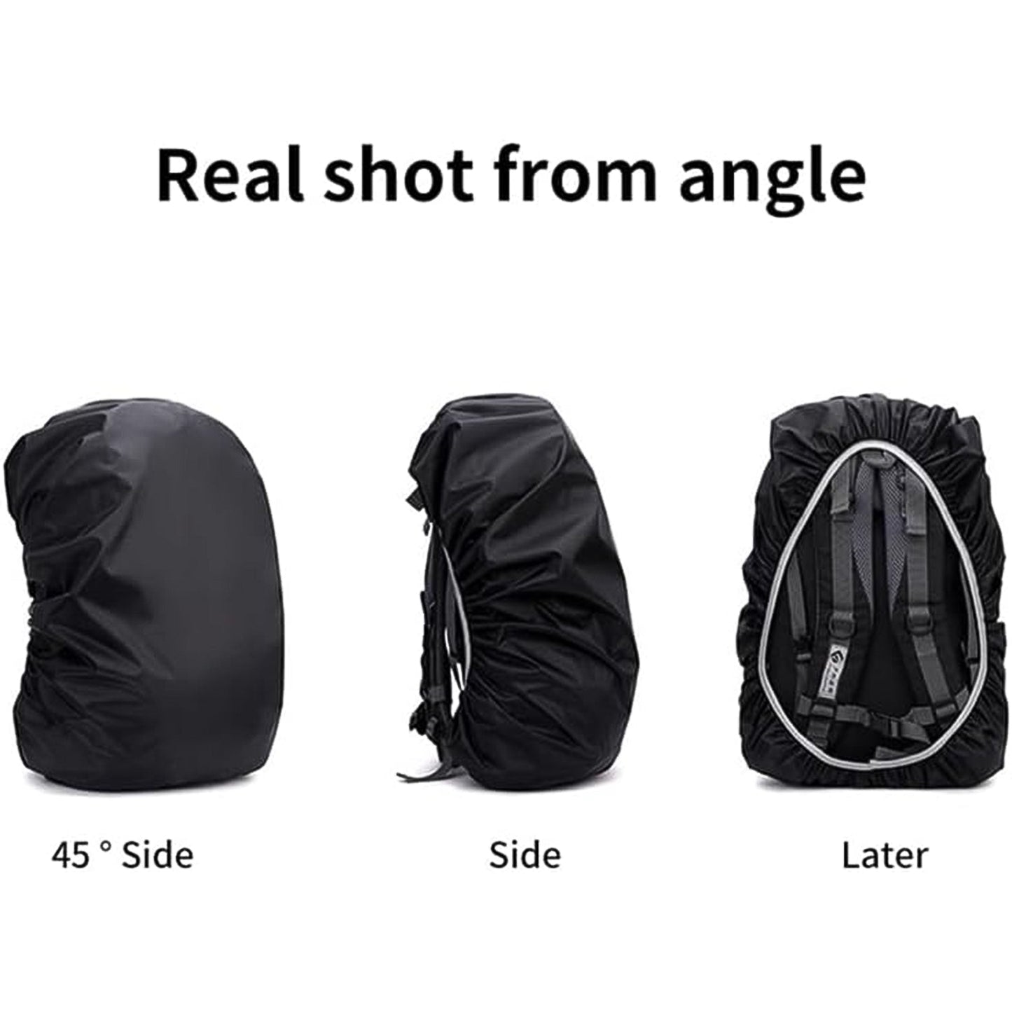 Three views of a black backpack rain cover: side, angled side, and back with elastic visible.