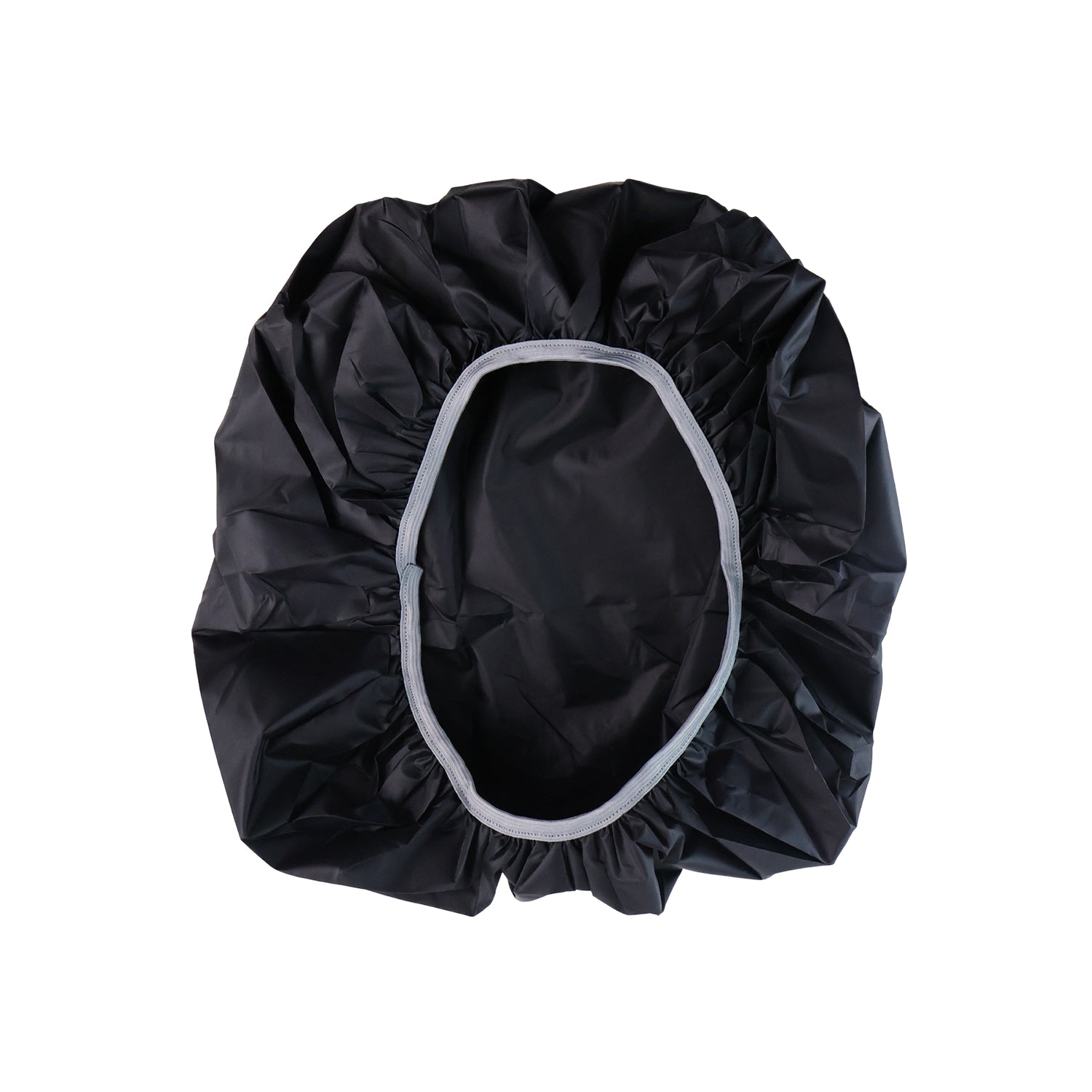 Black backpack rain cover with an elastic opening, laid flat on a white background.