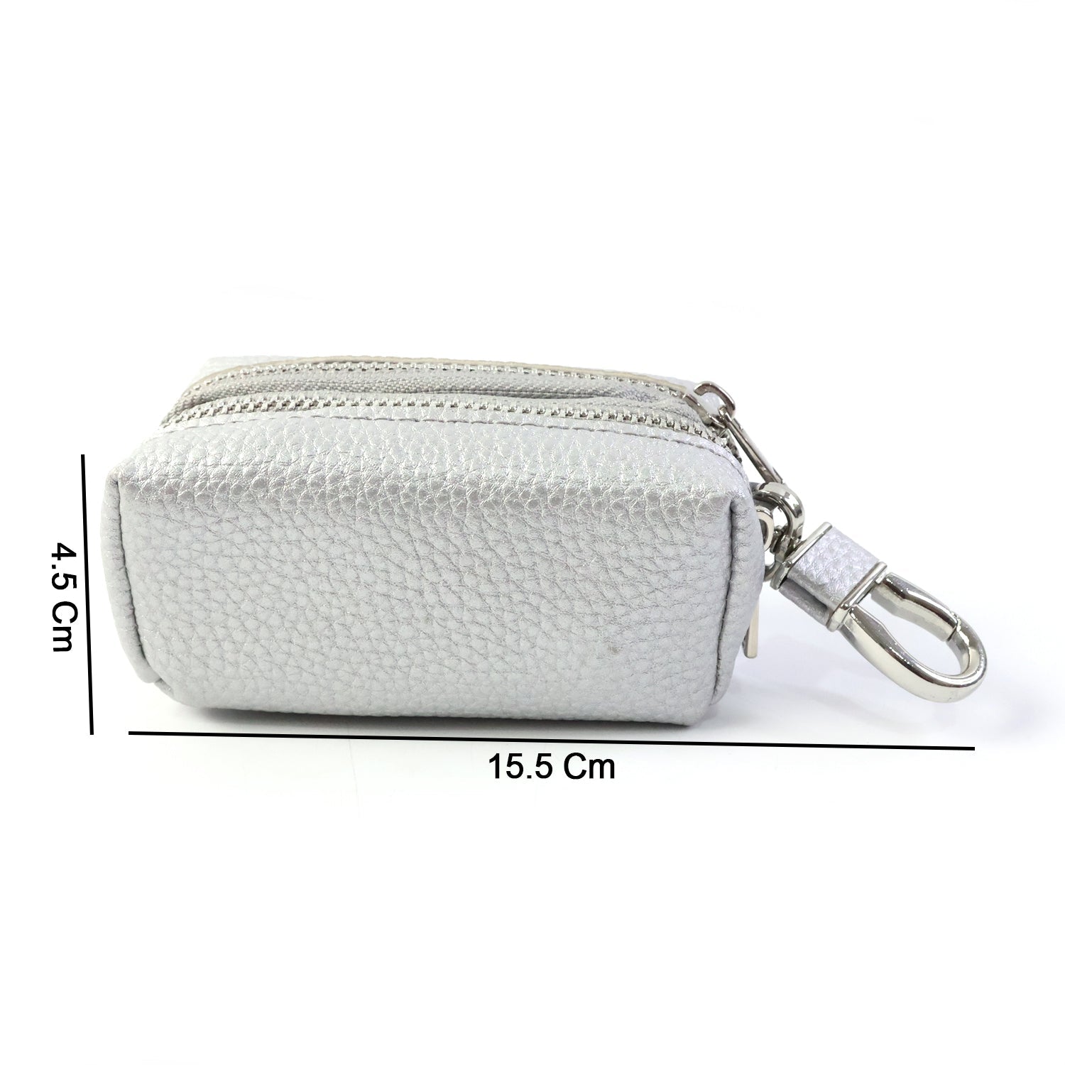Compact key pouch showing textured exterior and zipper