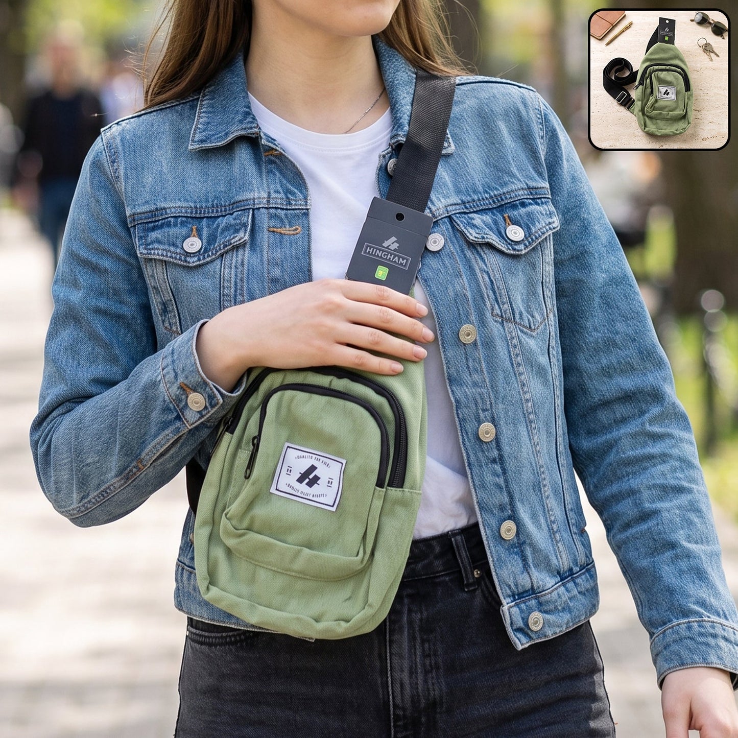 A woman in a denim jacket wears a green canvas sling bag across her chest, walking outdoors.