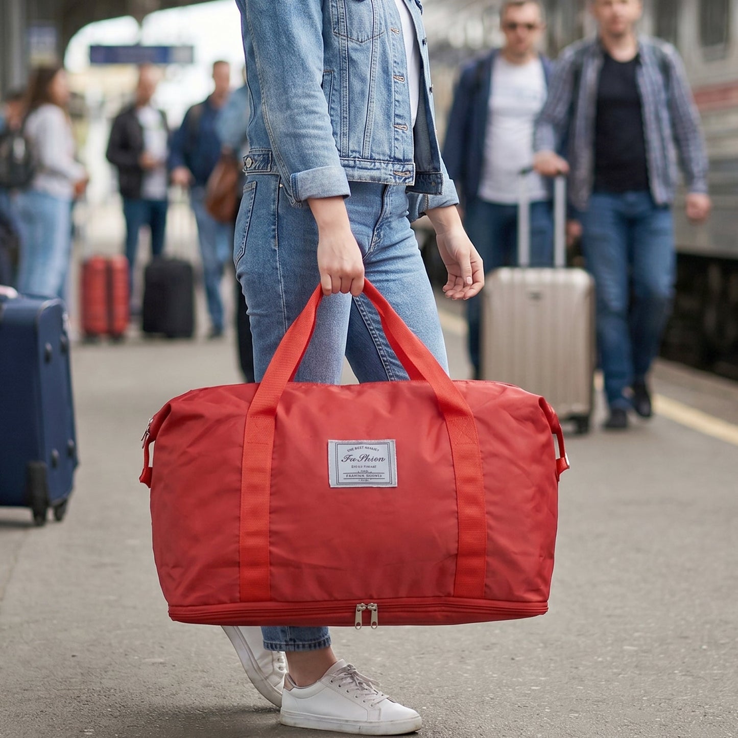 Large red tote with sturdy handles, ideal for traveling