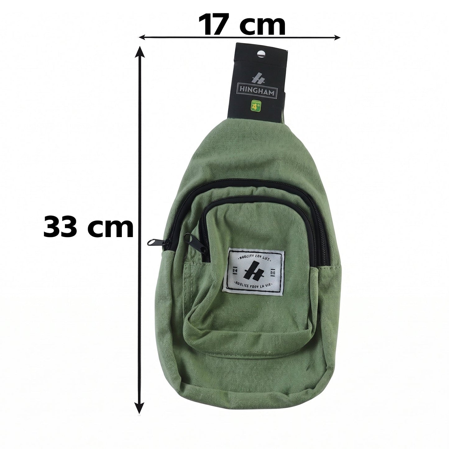 A green canvas sling bag with dimensions of 33 cm length and 17 cm width indicated by arrows on a white background.