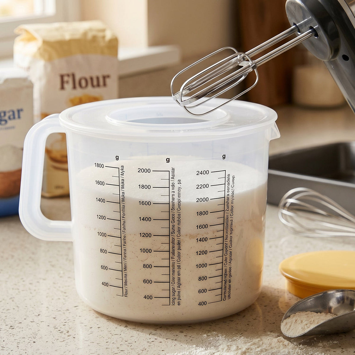 A clear plastic measuring jug filled with a light liquid, with an electric mixer above it.