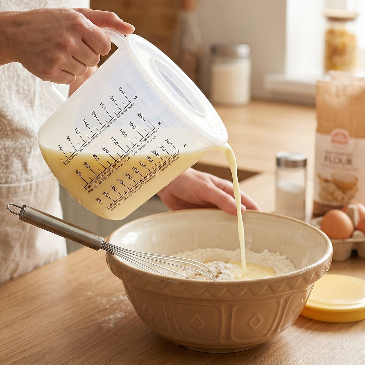 Hands pouring a light liquid from the clear measuring jug into a bowl of flour with a whisk.