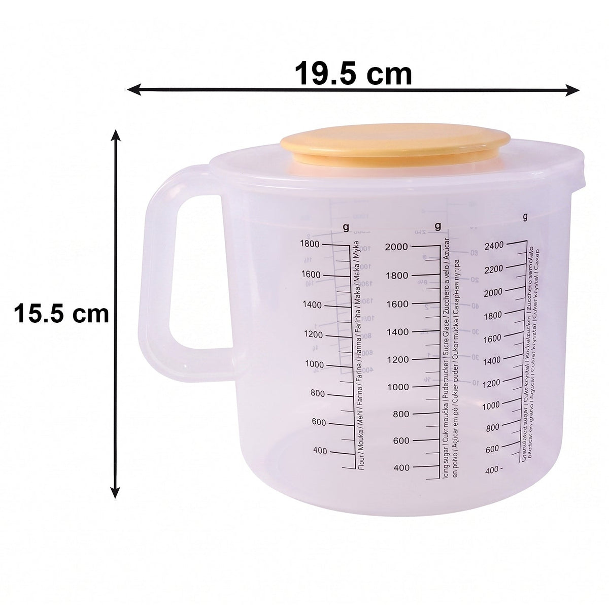 A clear plastic measuring jug with a yellow lid, displaying dimensions of 19.5 cm width and 15.5 cm height.