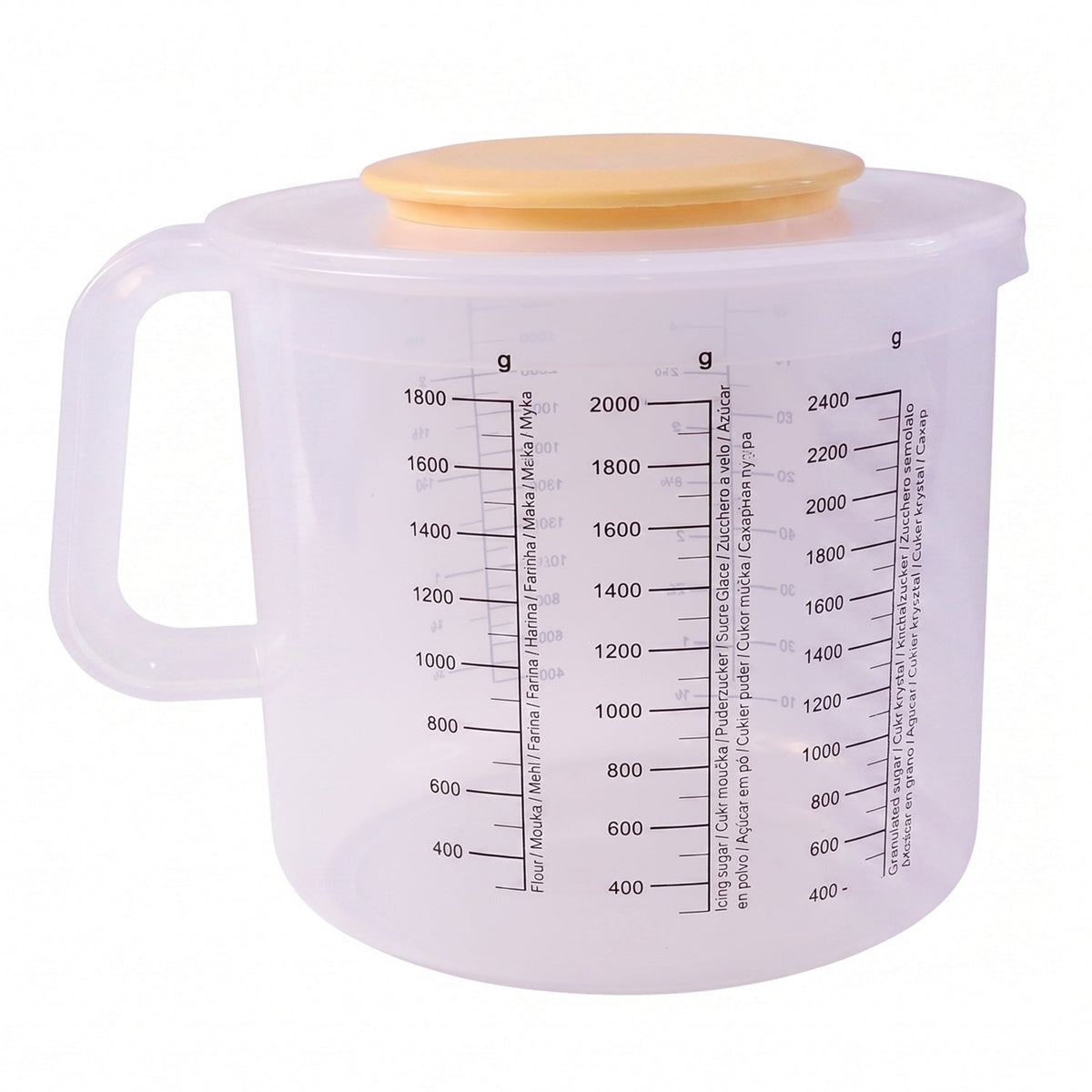 A clear plastic measuring jug with a yellow lid, shown on a plain white background.