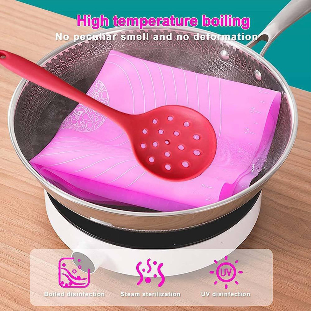 Pink silicone baking mat and red slotted spoon inside a metal frying pan, illustrating high temperature boiling.