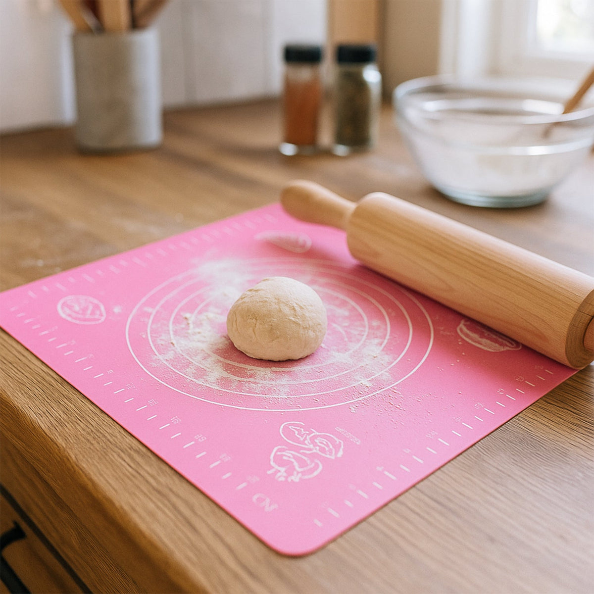 Pink silicone baking mat with a ball of dough and a wooden rolling pin on a wooden countertop.