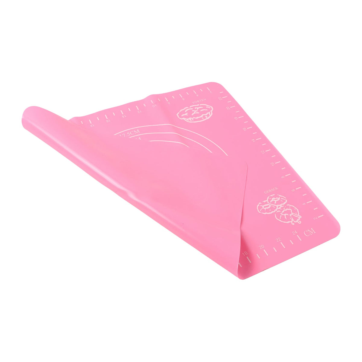 Pink silicone baking mat with white measurement guides and baking illustrations, folded on a white background.