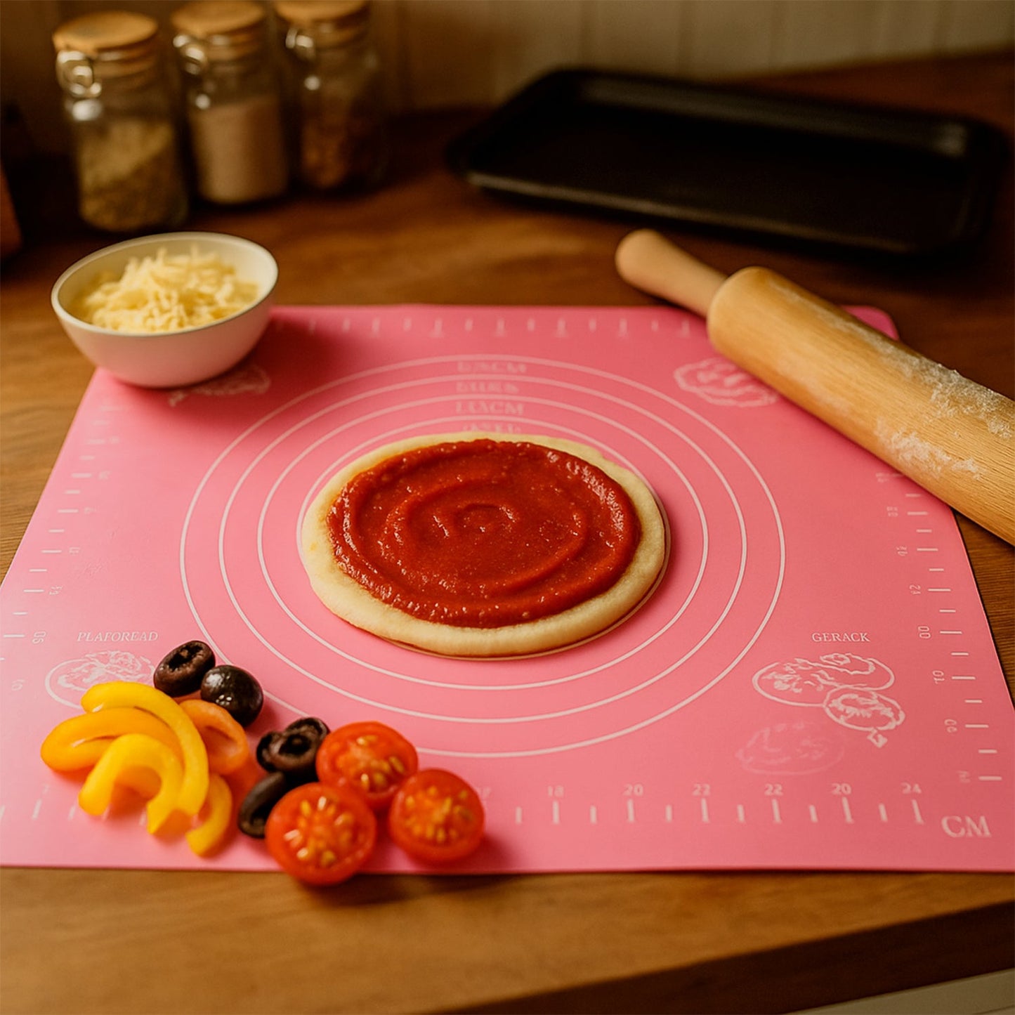 Flexible silicone baking mat laid flat on a kitchen surface, ready for use.