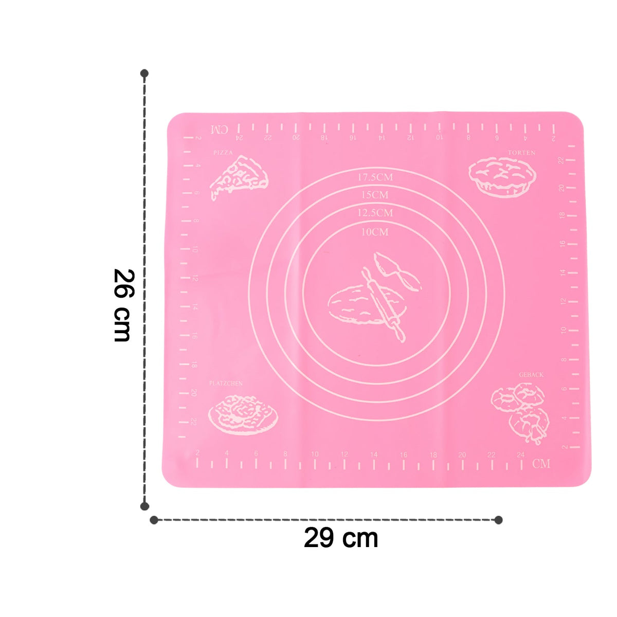 Pink silicone baking mat with white measurement guides and baking illustrations, showing dimensions of 29 cm by 26 cm.