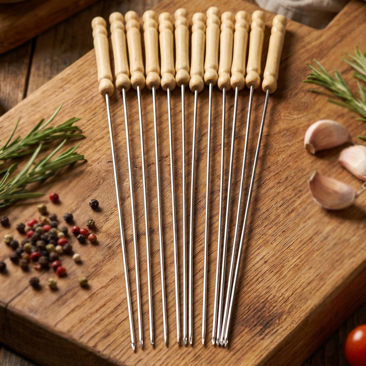 Twelve stainless steel skewers with light wooden handles on a wooden cutting board, surrounded by spices.