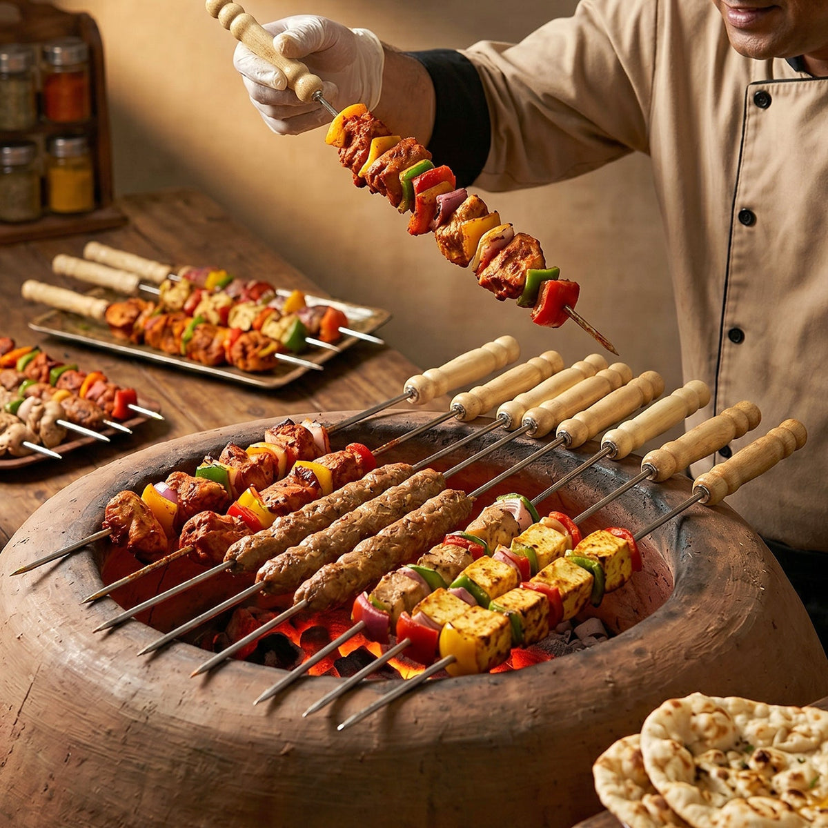 A person holds a skewer of meat and vegetables over a clay tandoor oven with other skewers cooking.