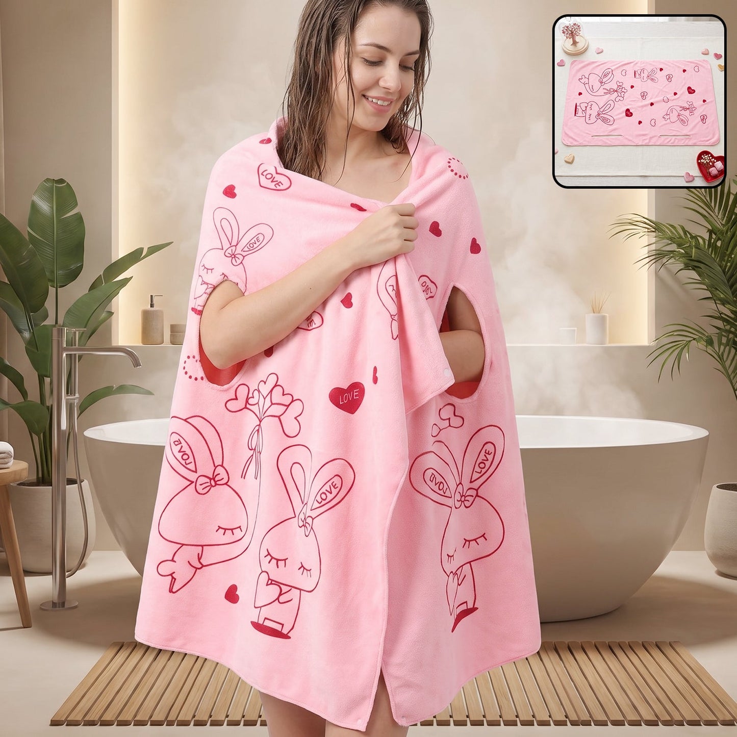 A woman in a bathroom wears a pink wearable towel with red bunny and heart prints.