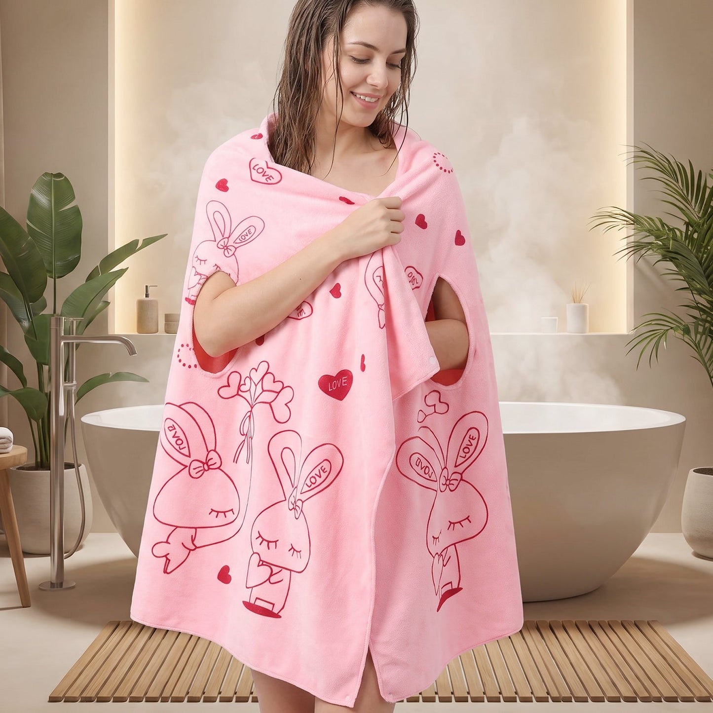 A woman in a bathroom wears a pink wearable towel with red bunny and heart prints.