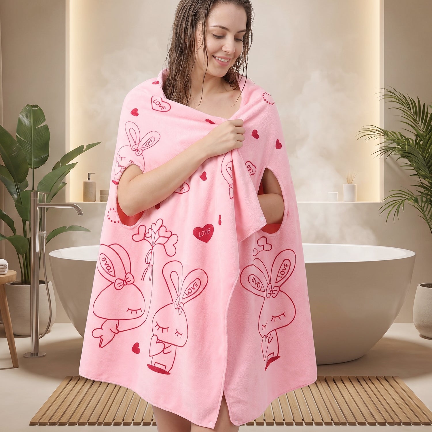 A woman in a bathroom wears a pink wearable towel with red bunny and heart prints.