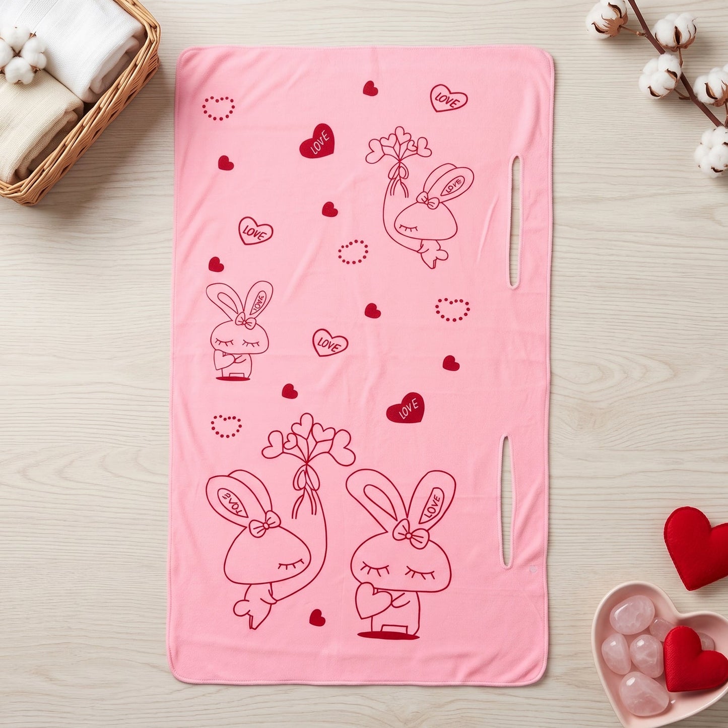 A pink towel with red bunny and heart prints lies flat on a wooden surface with cotton branches.