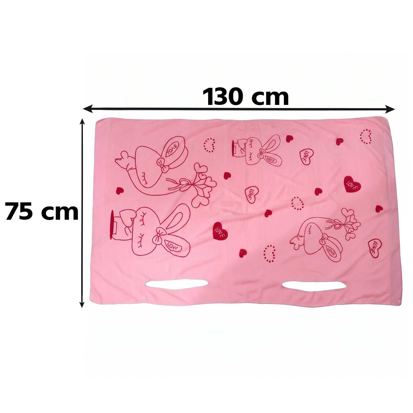 A pink towel with red bunny and heart prints and armholes is shown with dimensions 130 cm by 75 cm.