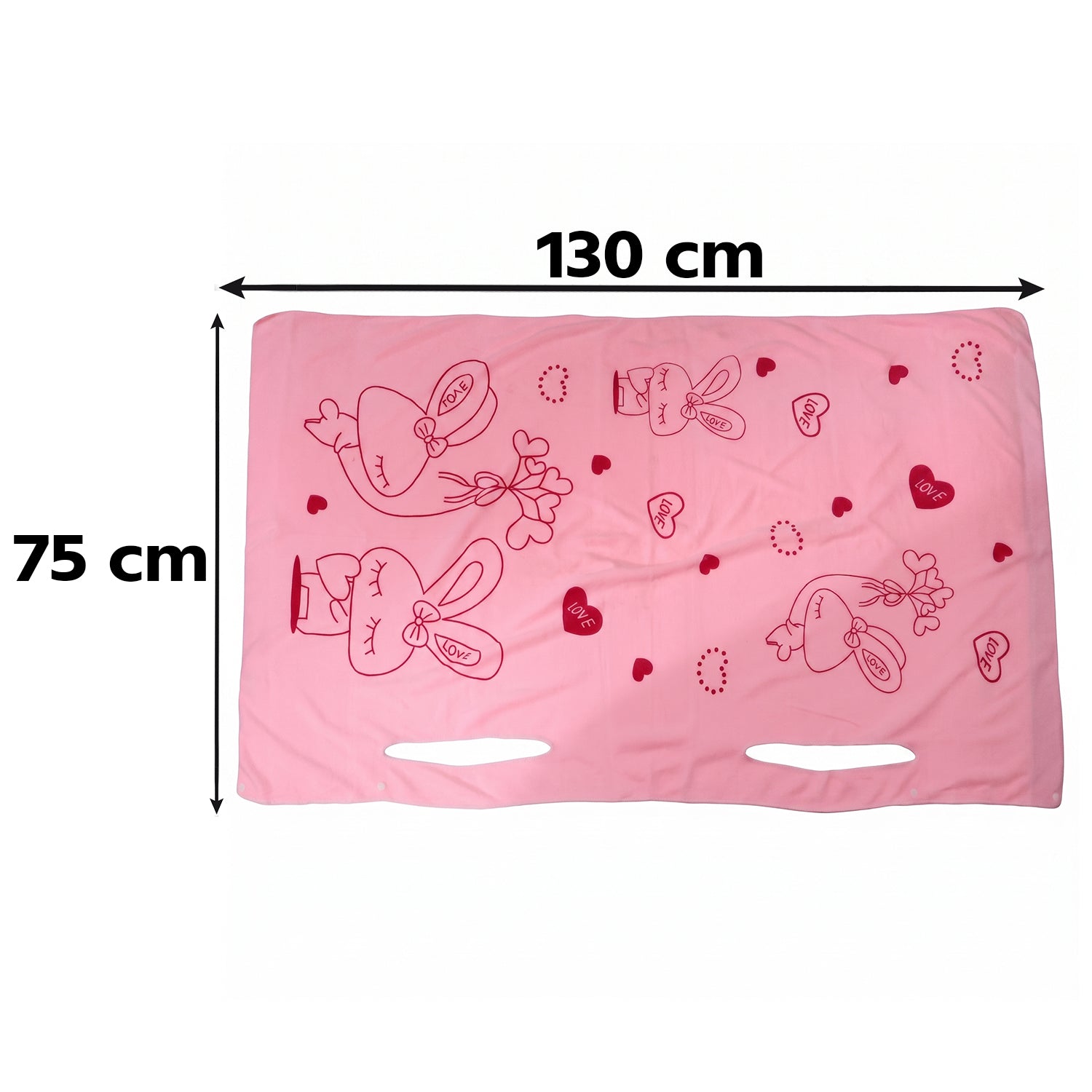 A pink towel with red bunny and heart prints and armholes is shown with dimensions 130 cm by 75 cm.