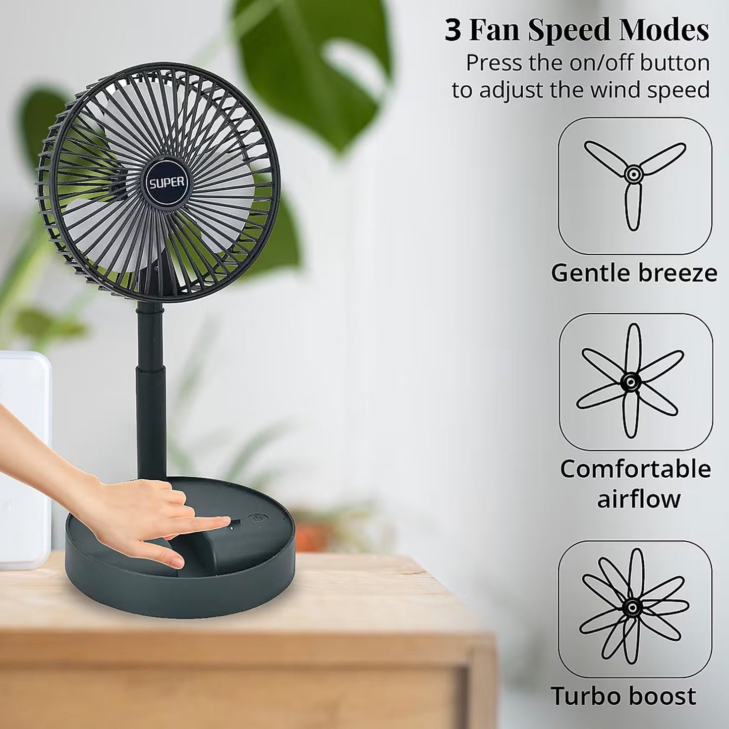 Compact table fan with phone holder that fits on study or office desks