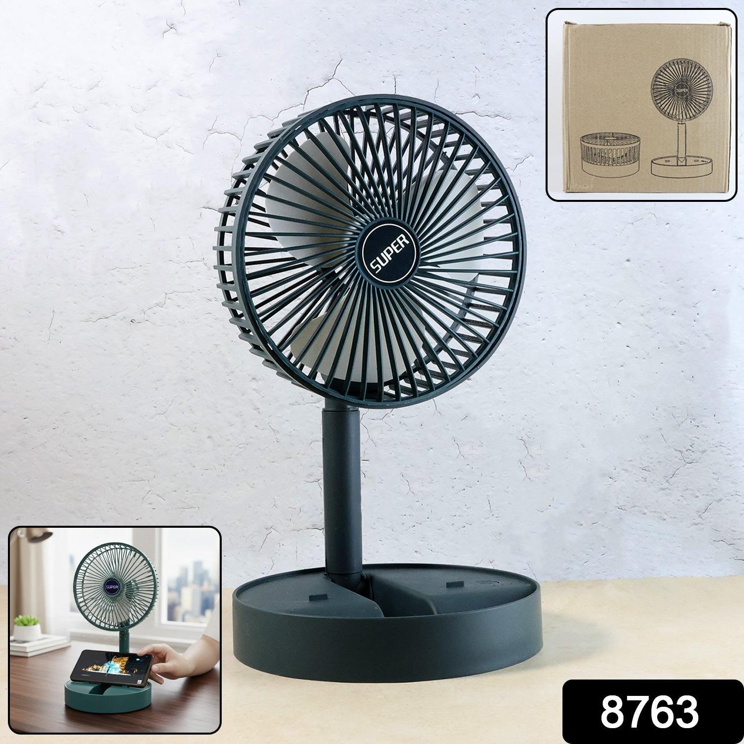 Compact desktop fan featuring mobile phone stand for hands-free viewing