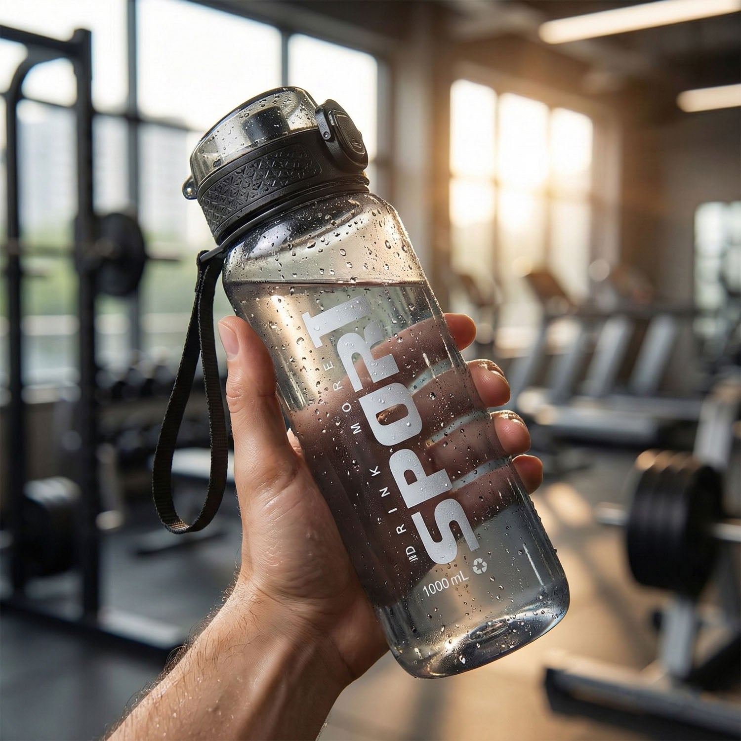Close up of black sports water bottle highlighting leakproof features