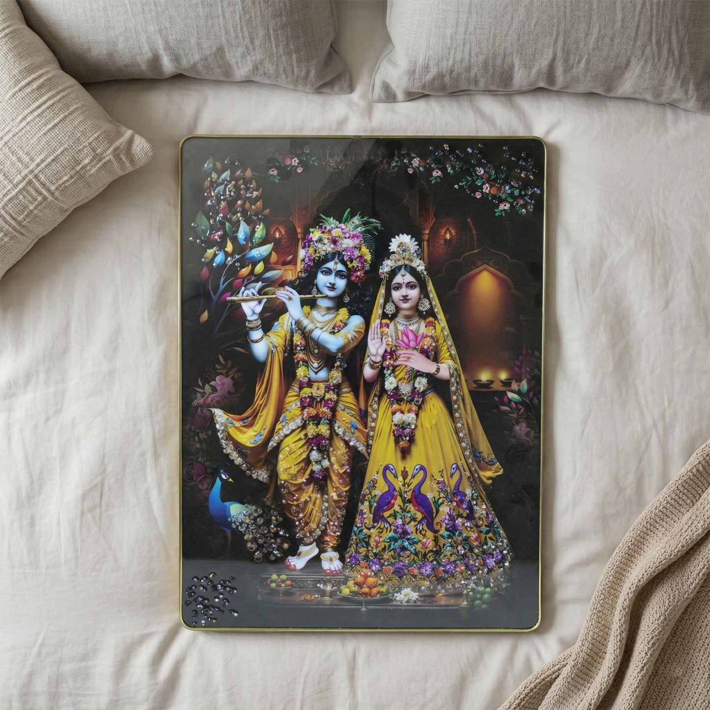 Close-up of Radha Krishna painting on wall frame